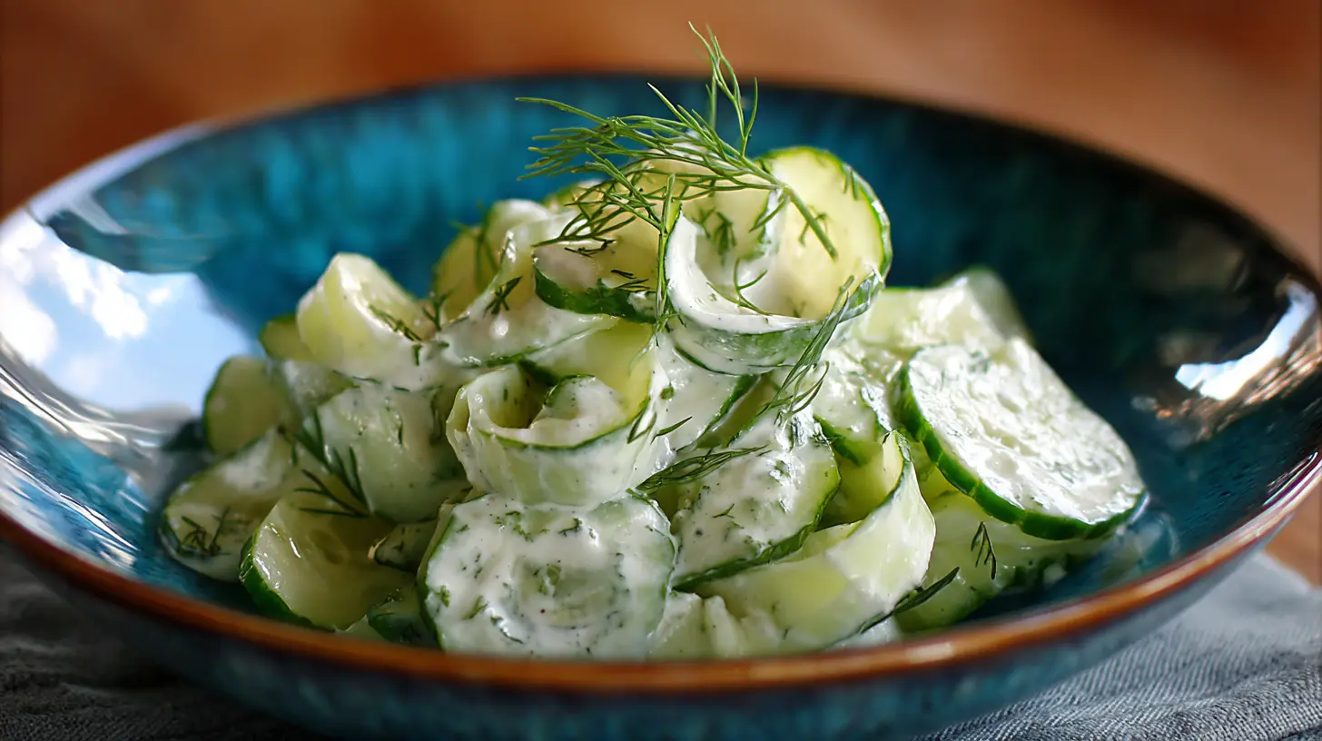 A bowl of fresh creamy cucumber salad, garnished with dill.