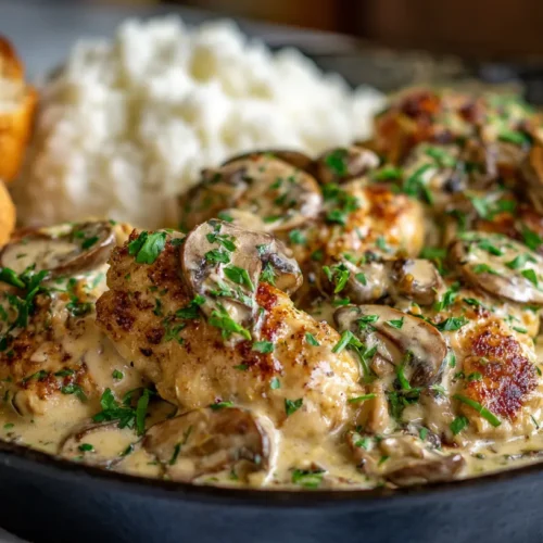 A serving of creamy garlic chicken in a white bowl with fresh parsley.