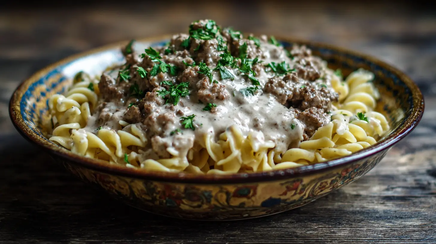 A bowl of creamy ground beef stroganoff, garnished with fresh parsley.