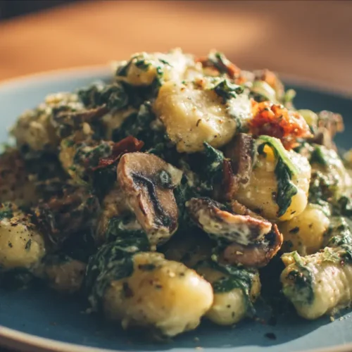 A serving of creamy spinach and mushroom gnocchi in a bowl