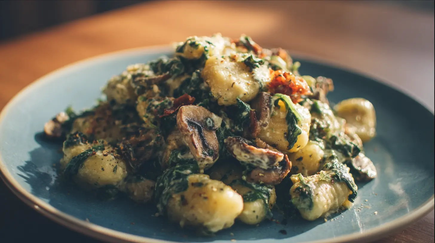 A serving of creamy spinach and mushroom gnocchi in a bowl