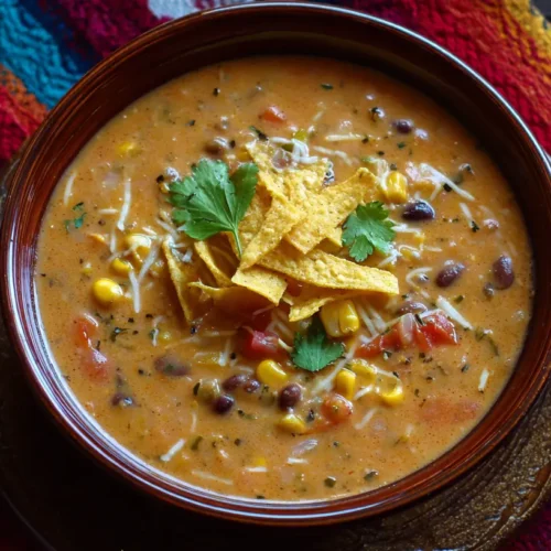A bowl of creamy vegetarian tortilla soup with crunchy tortilla strips and fresh cilantro