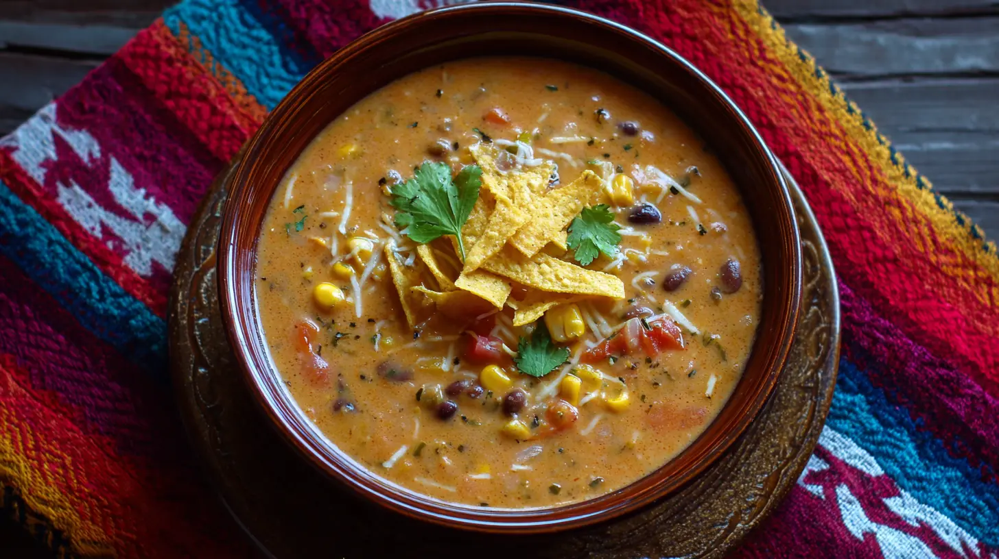 A bowl of creamy vegetarian tortilla soup with crunchy tortilla strips and fresh cilantro