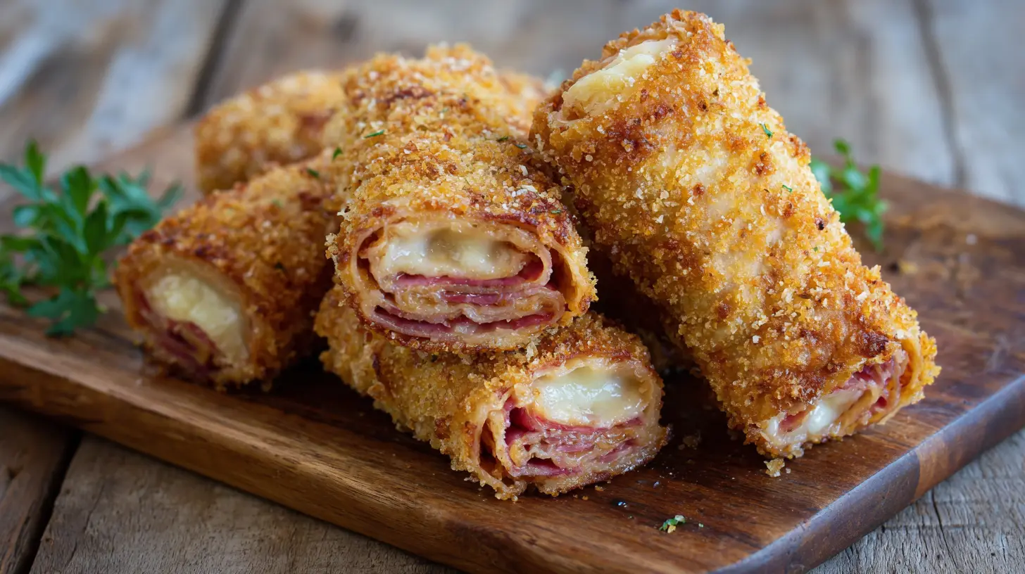 Crispy Reuben Roll-Ups with golden-brown exteriors, perfectly baked.