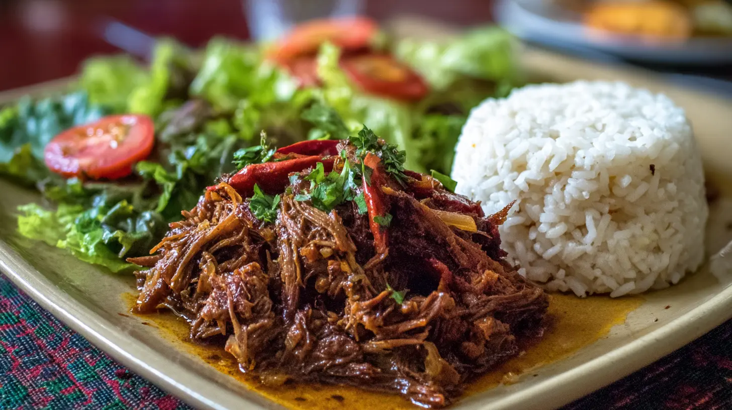 A plate of shredded beef known as Cuban Ropa Vieja, slow-cooked in a rich tomato sauce with bell peppers.