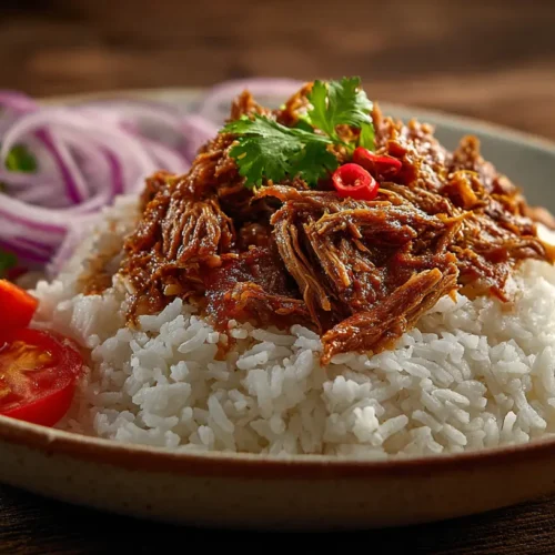 A plate of classic Cuban Ropa Vieja with shredded beef in a rich tomato sauce