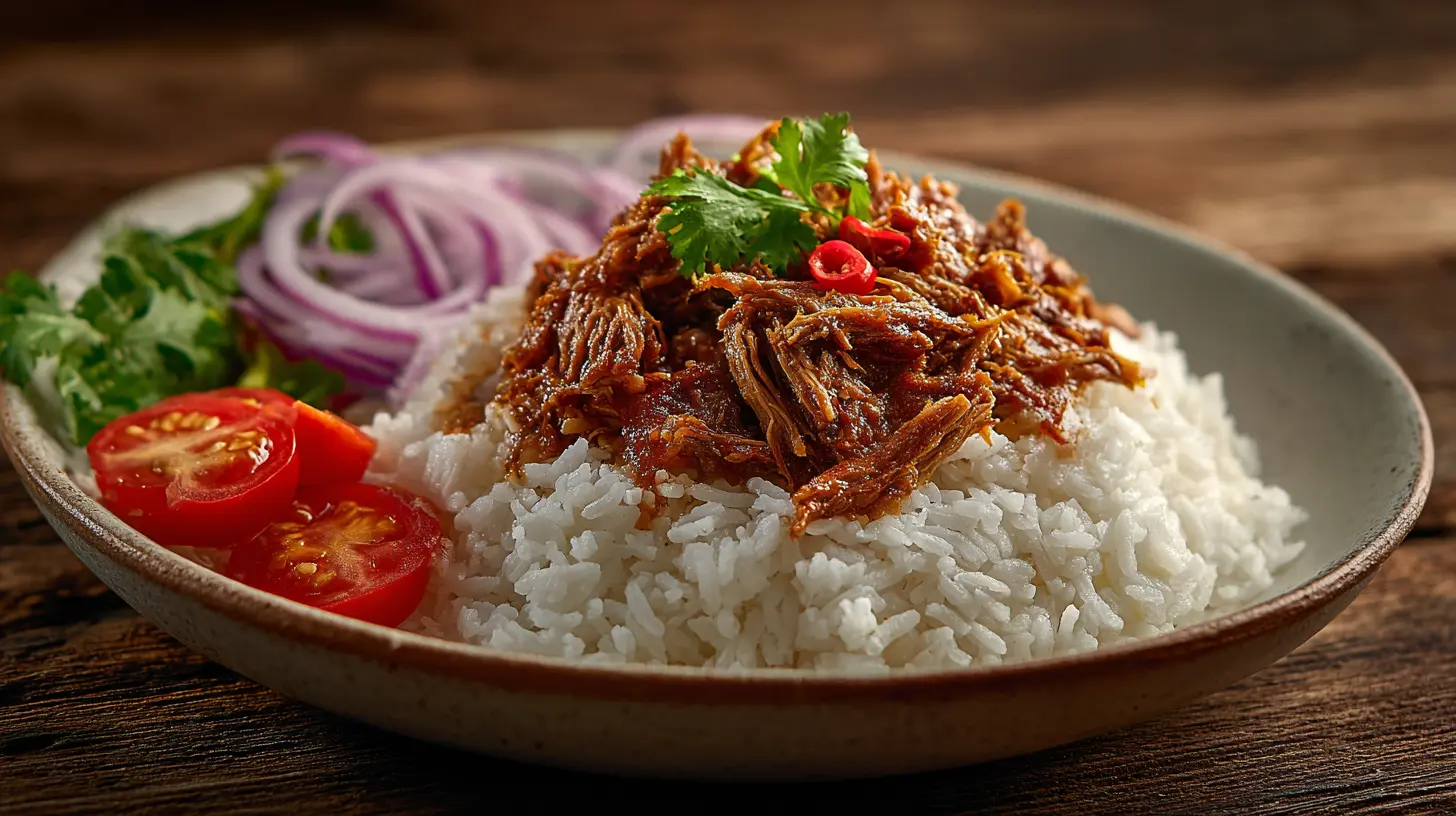 A plate of classic Cuban Ropa Vieja with shredded beef in a rich tomato sauce