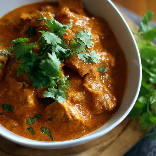 A serving of dairy free butter chicken in a bowl, garnished with fresh cilantro.