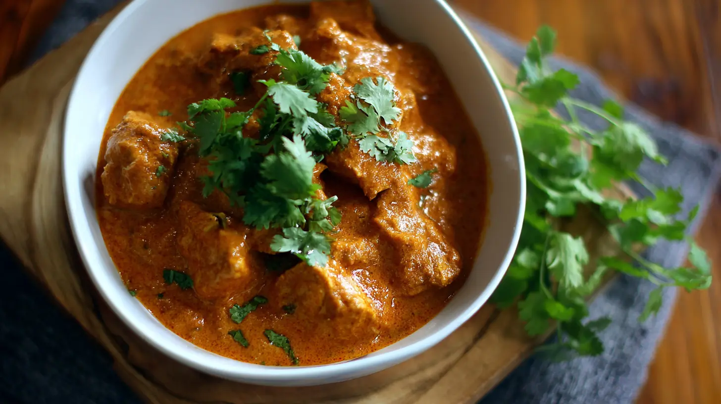 A serving of dairy free butter chicken in a bowl, garnished with fresh cilantro.