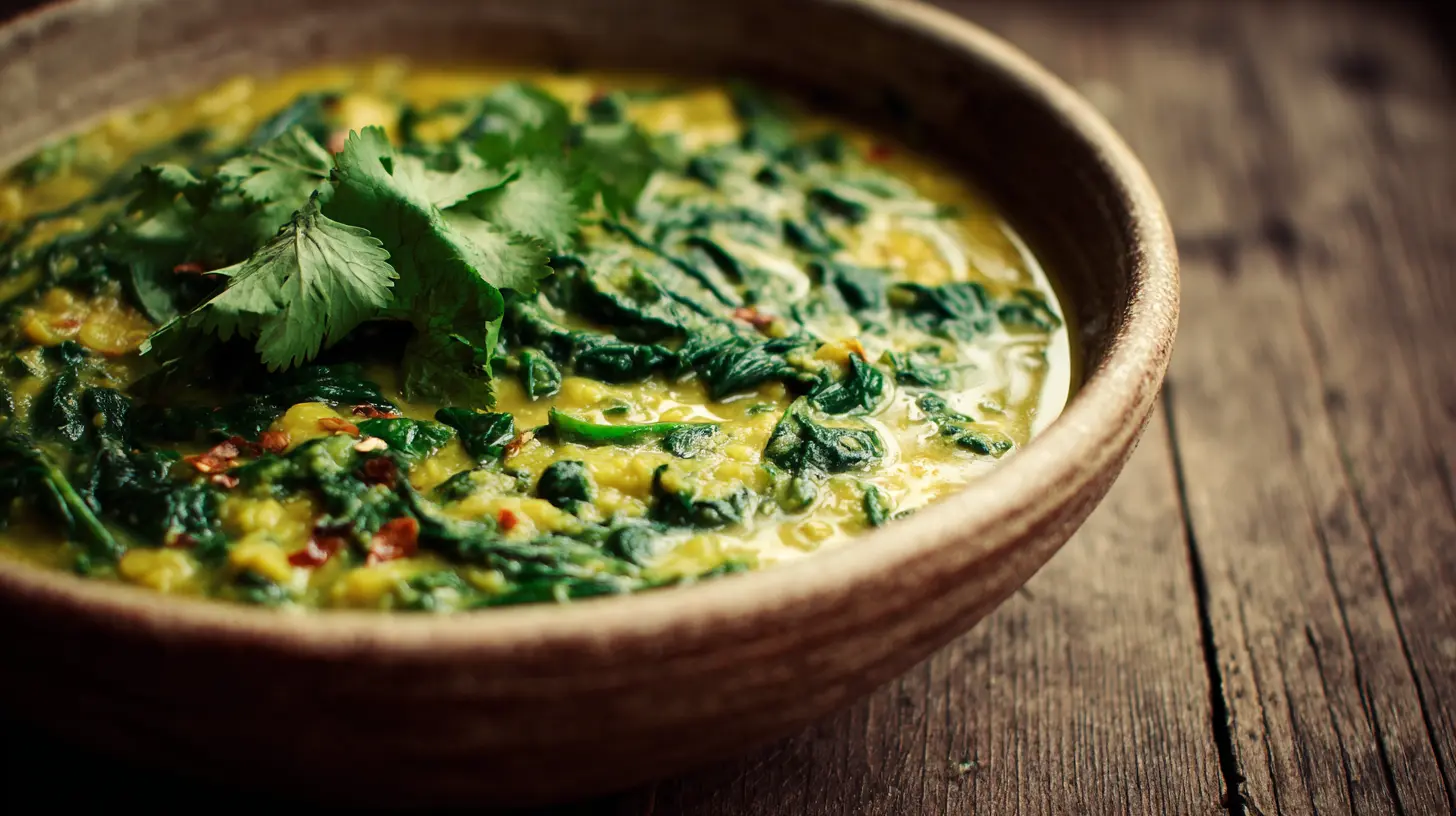 A steaming bowl of freshly prepared Dal Palak, showcasing the vibrant green spinach.