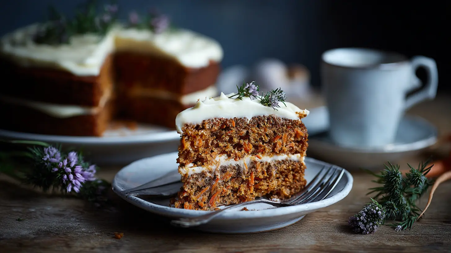 A freshly baked carrot cake with cream cheese frosting