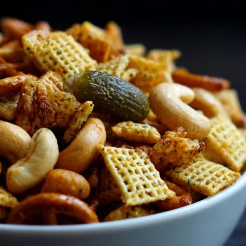 A bowl of crispy dill pickle Chex Mix, perfect for snacking.