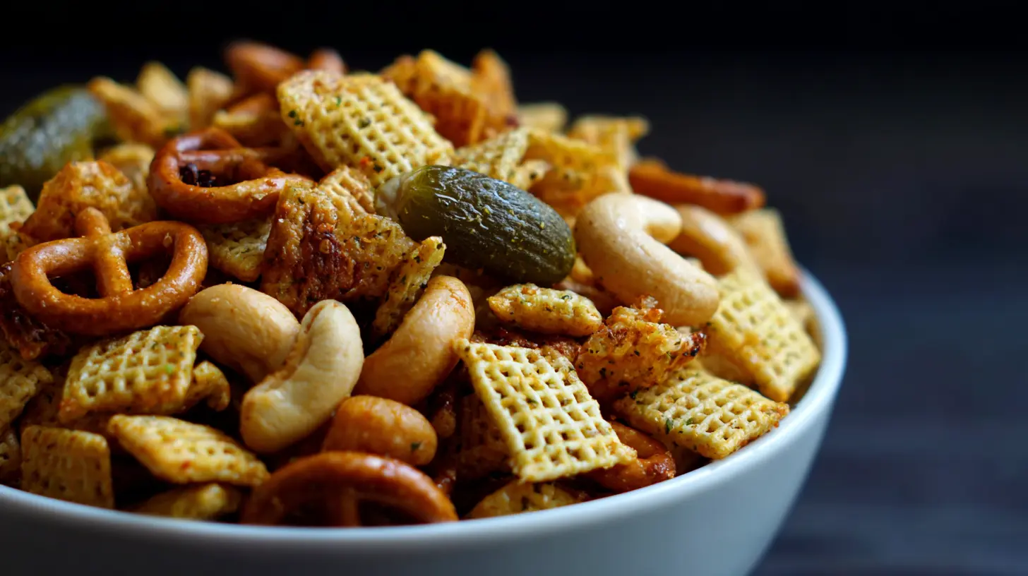 A bowl of crispy dill pickle Chex Mix, perfect for snacking.
