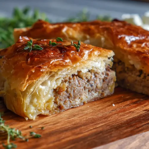 A savory Easy Greek Kreatopita pie, golden brown with flaky phyllo.