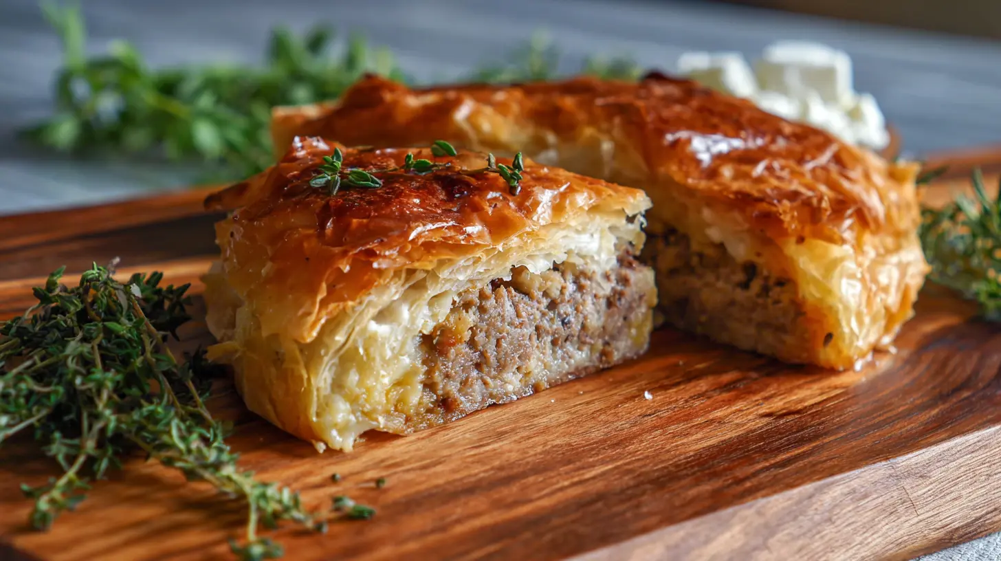 A savory Easy Greek Kreatopita pie, golden brown with flaky phyllo.