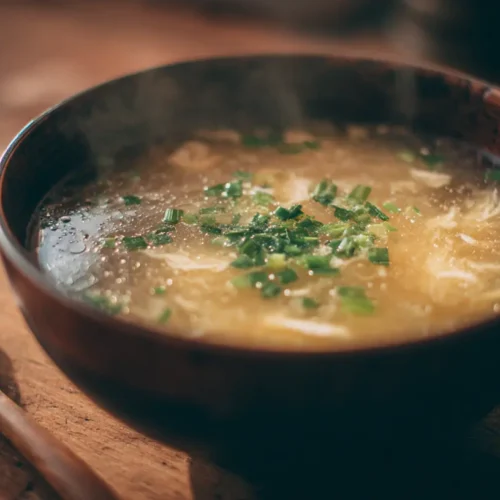 A steaming bowl of classic egg drop soup with visible egg ribbons.