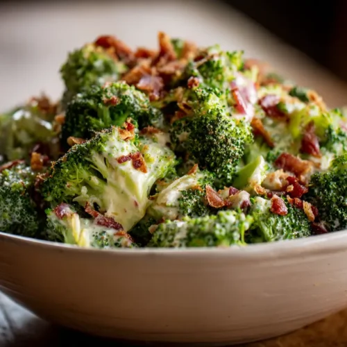 A vibrant broccoli salad with cranberries and nuts in a large serving bowl