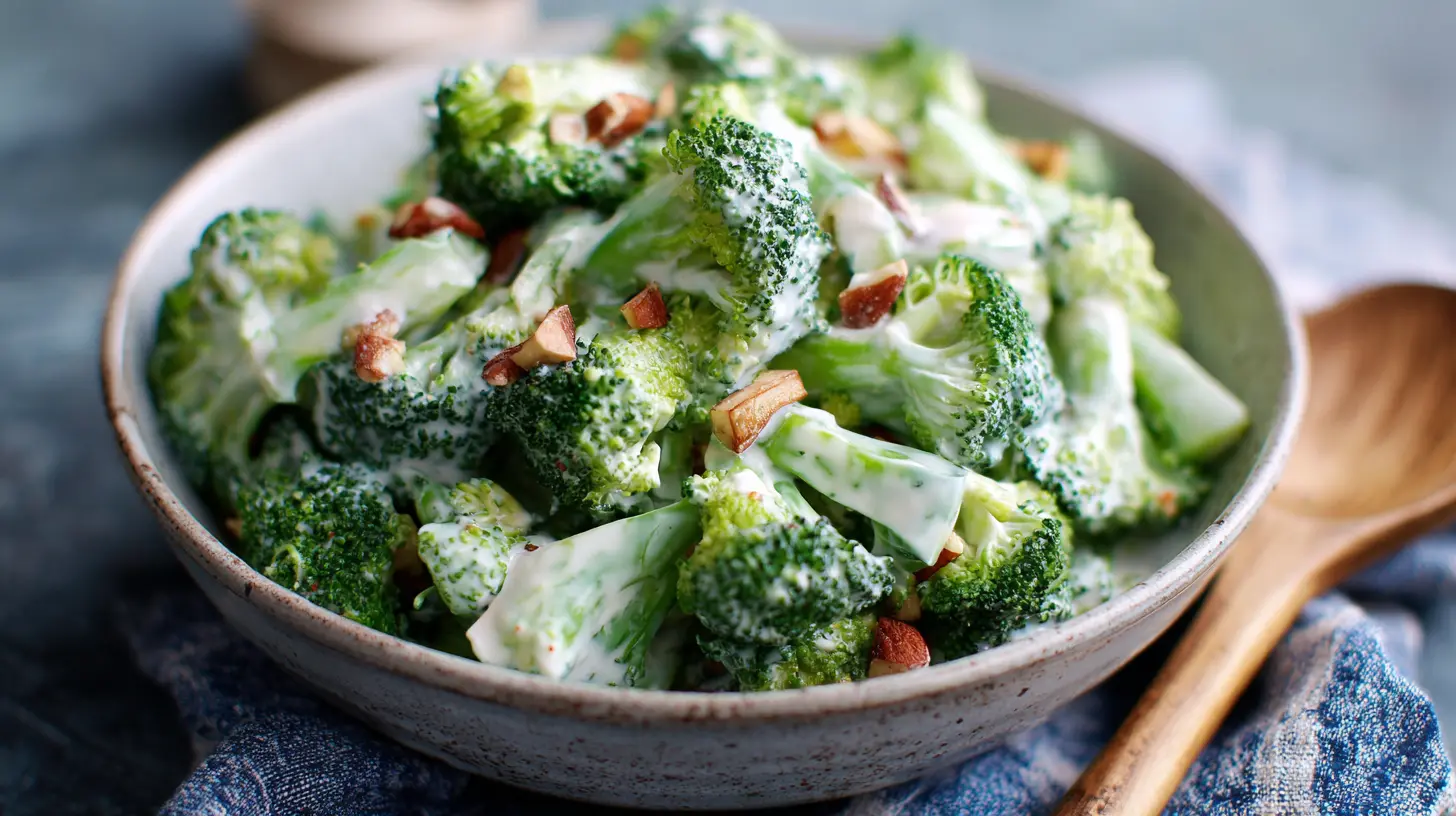 A vibrant, fresh broccoli salad in a large serving bowl