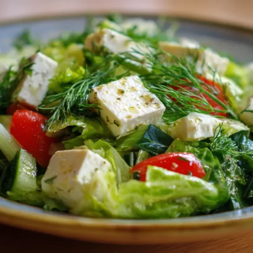 A vibrant bowl of fresh Maroulosalata, a Greek lettuce salad, with dill and spring onions.