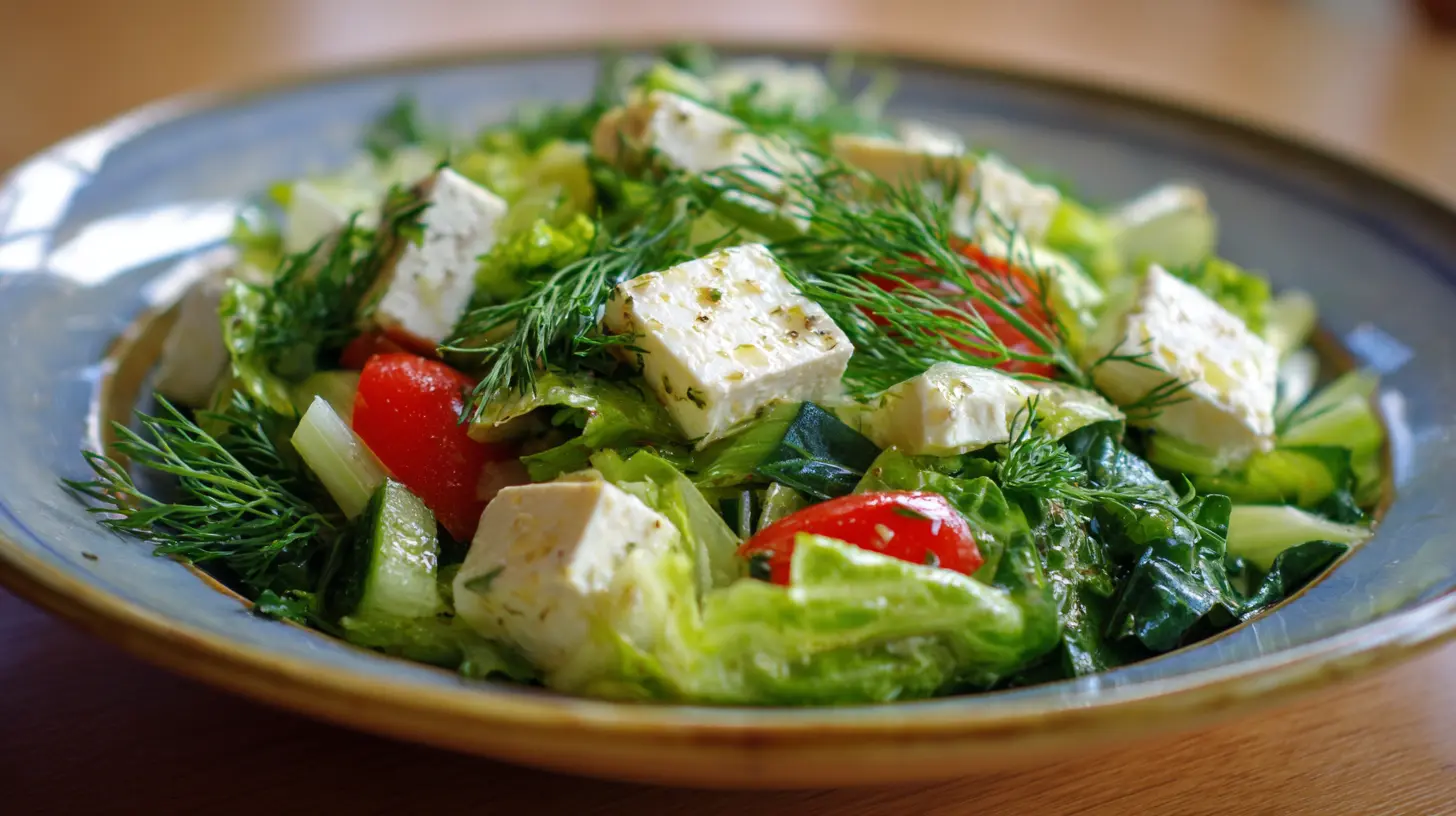 A vibrant bowl of fresh Maroulosalata, a Greek lettuce salad, with dill and spring onions.