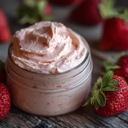 A bowl of fresh strawberry butter, creamy and pink.