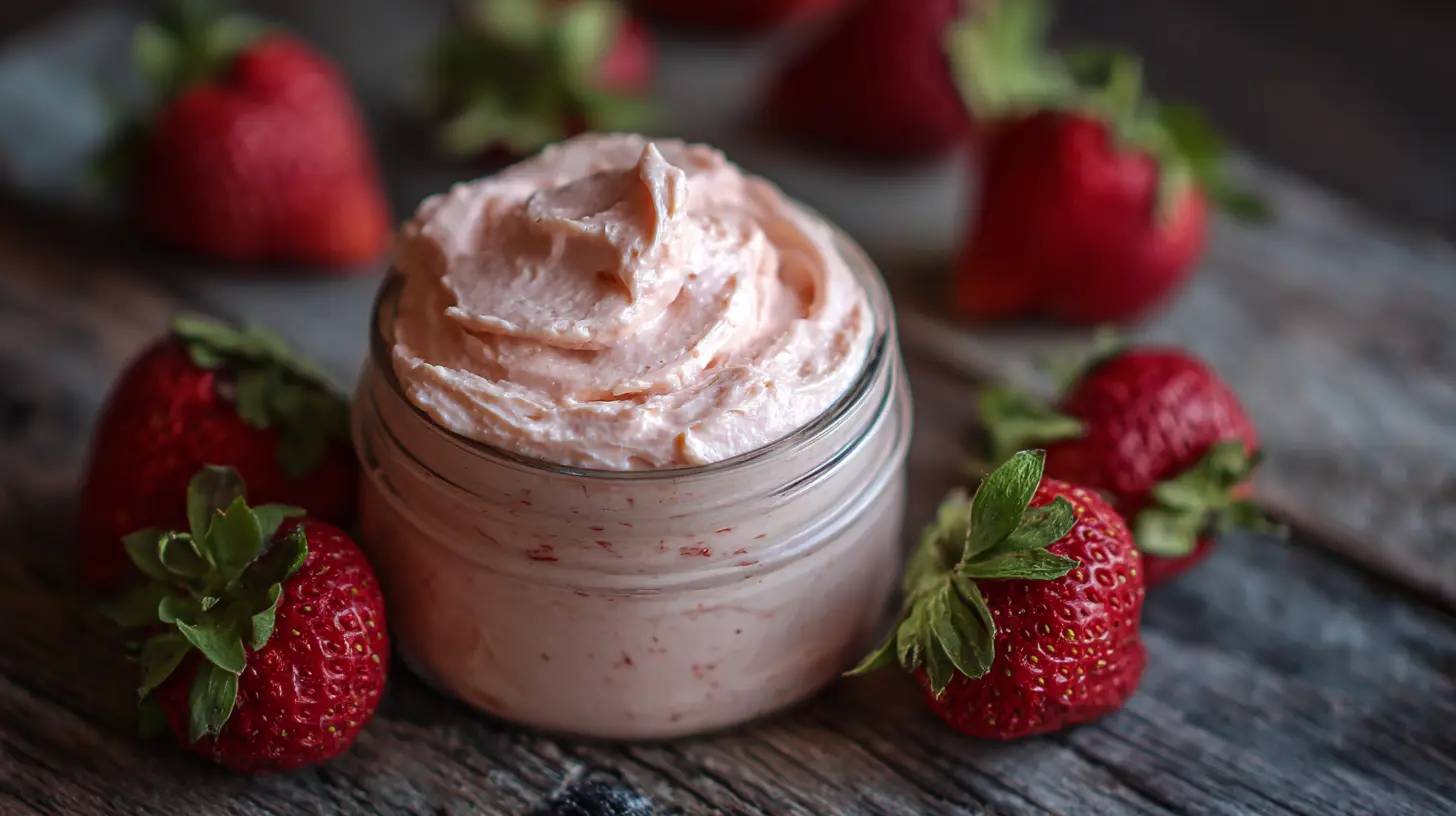 A bowl of fresh strawberry butter, creamy and pink.
