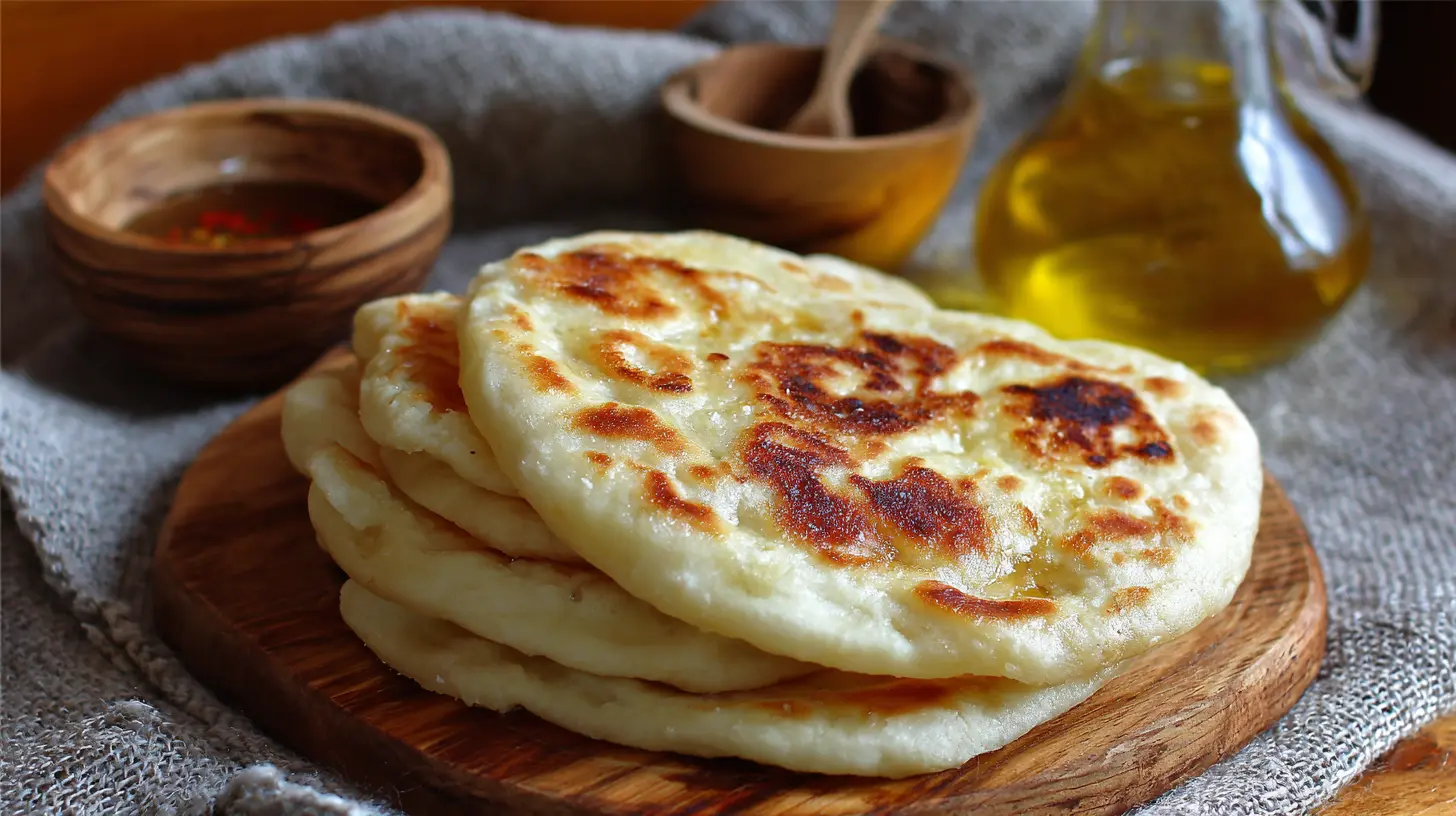 A freshly baked Turkish Bazlama bread, soft and round, on a wooden surface.
