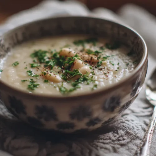 A steaming bowl of garlic white bean soup garnished with fresh herbs