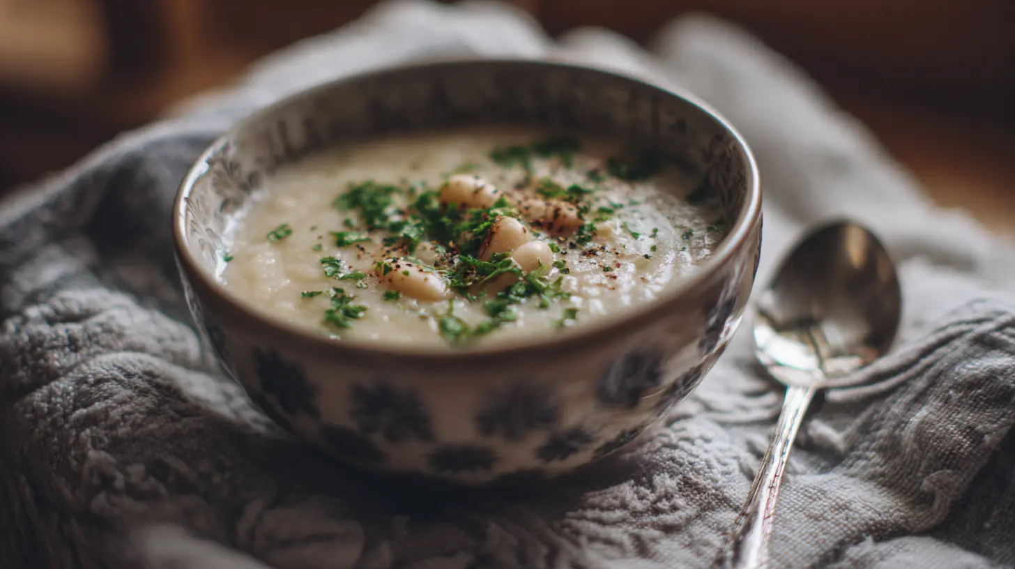 A steaming bowl of garlic white bean soup garnished with fresh herbs