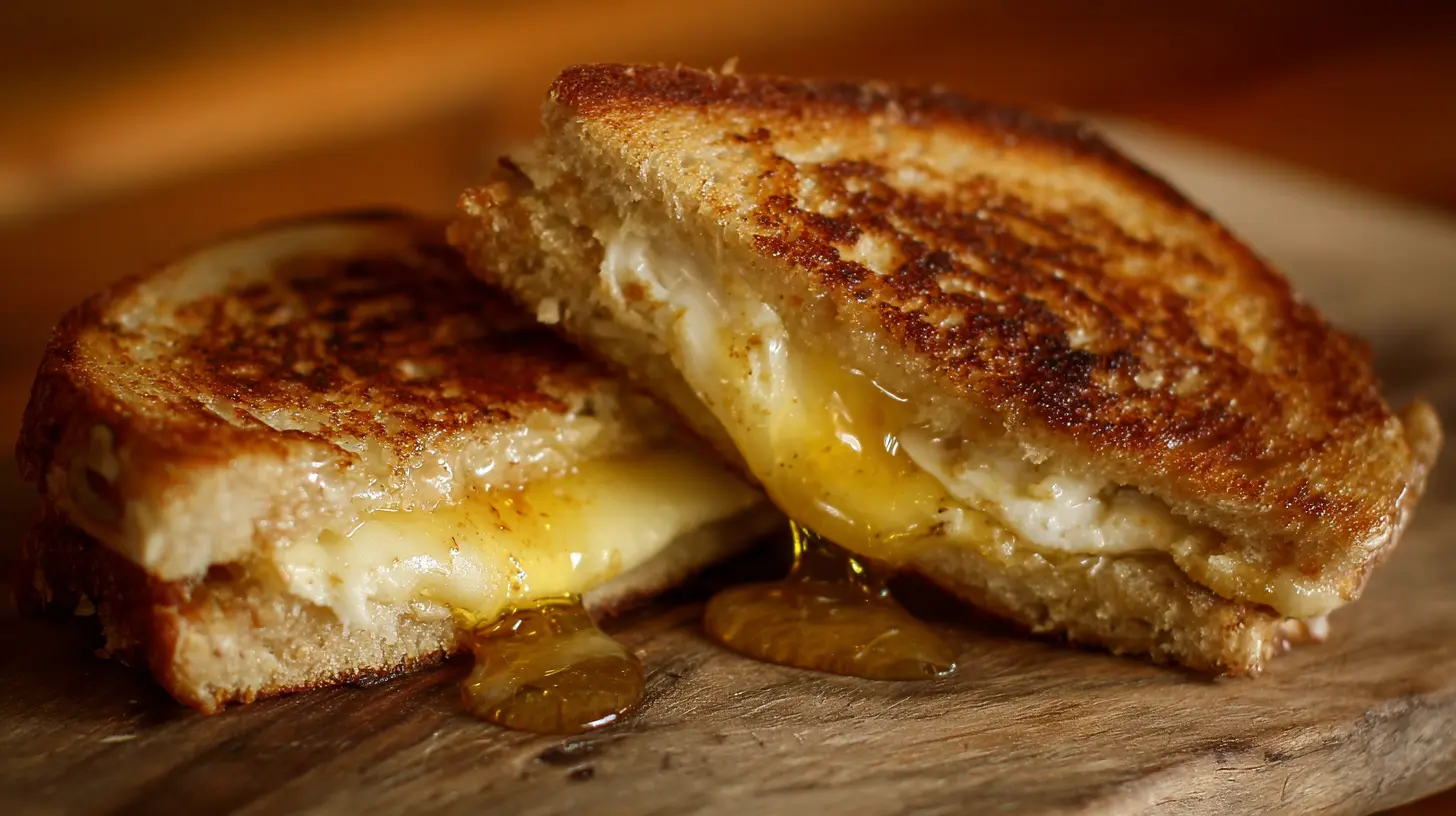 A golden-brown goat grilled cheese sandwich drizzled with honey