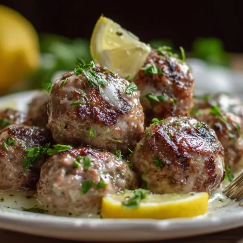 Platter of Greek meatballs in a bright lemon sauce
