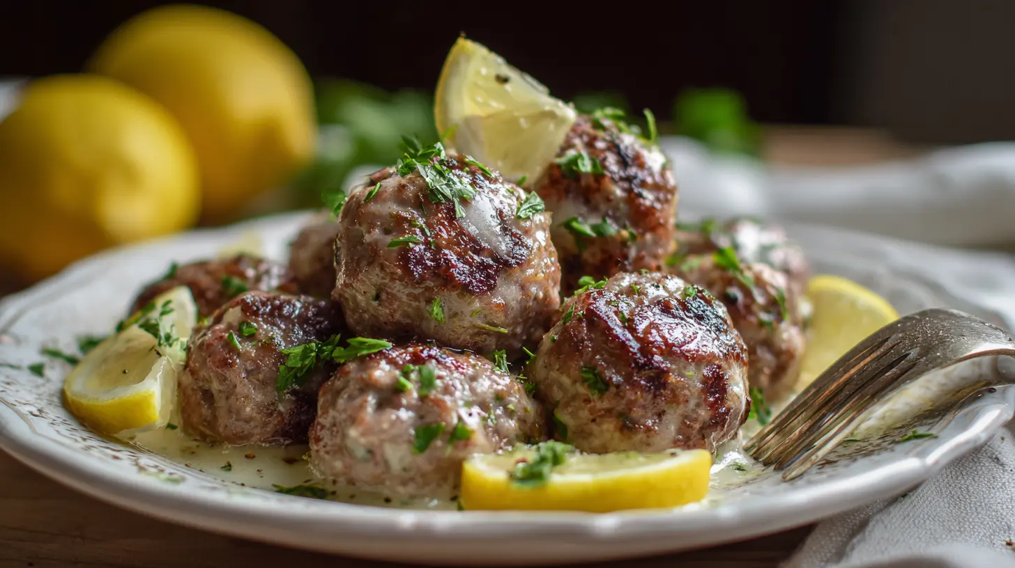 Platter of Greek meatballs in a bright lemon sauce