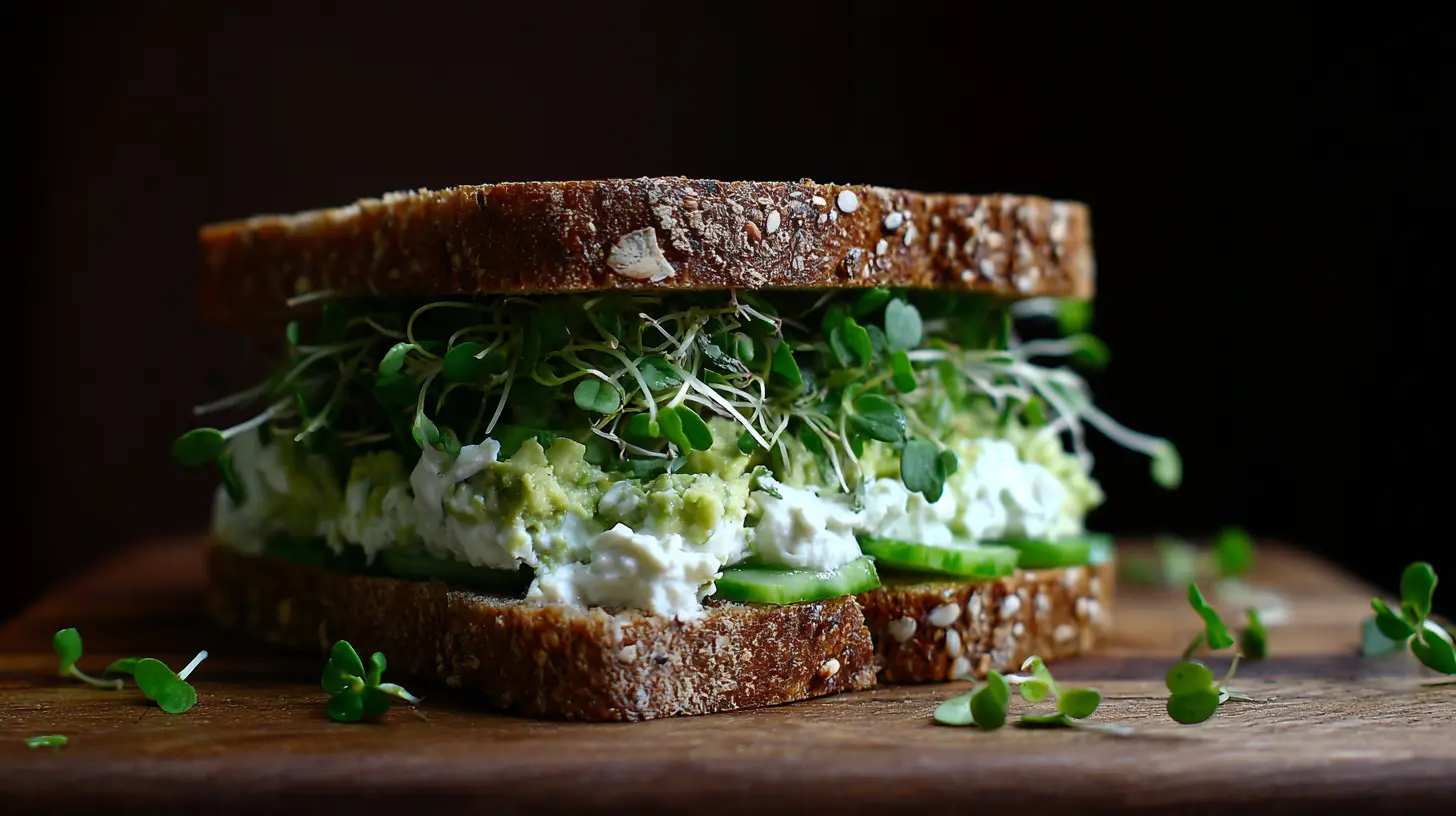 A vibrant Green Goddess sandwich packed with fresh vegetables