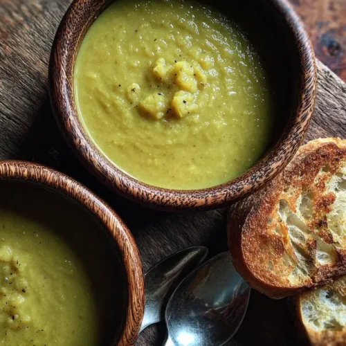 A steaming bowl of hearty split pea soup garnished with herbs.