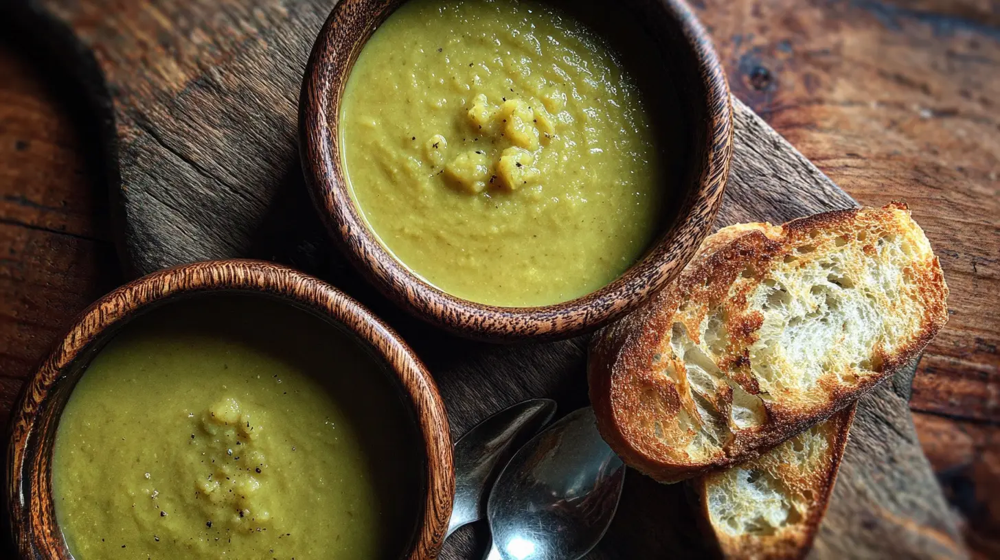A steaming bowl of hearty split pea soup garnished with herbs.