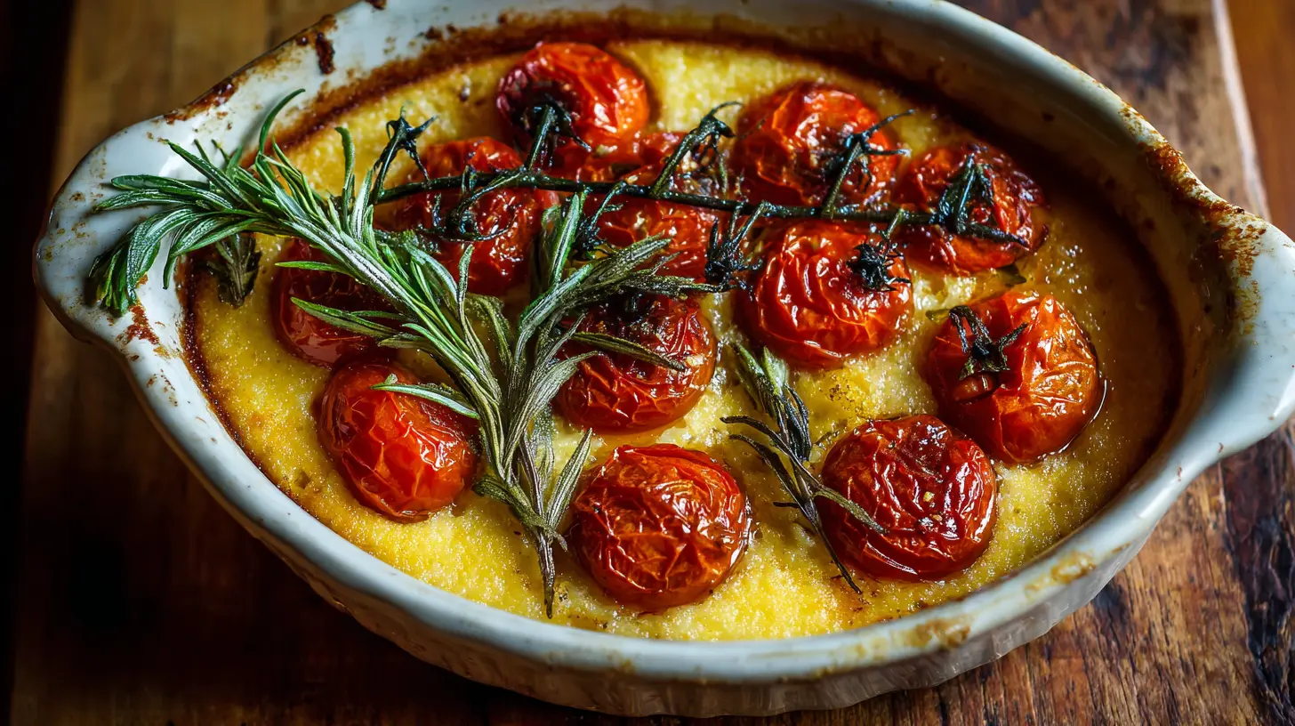 A hot Herbed Polenta Bake with roasted tomatoes, fresh herbs, and melted cheese, served in a rustic baking dish.