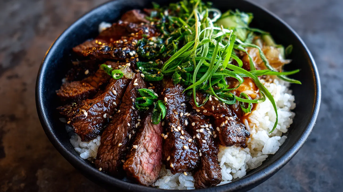 A full bowl of hibachi steak, vegetables, and rice.