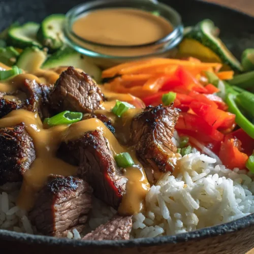 A vibrant hibachi steak bowl brimming with tender steak, fresh vegetables, and rice.
