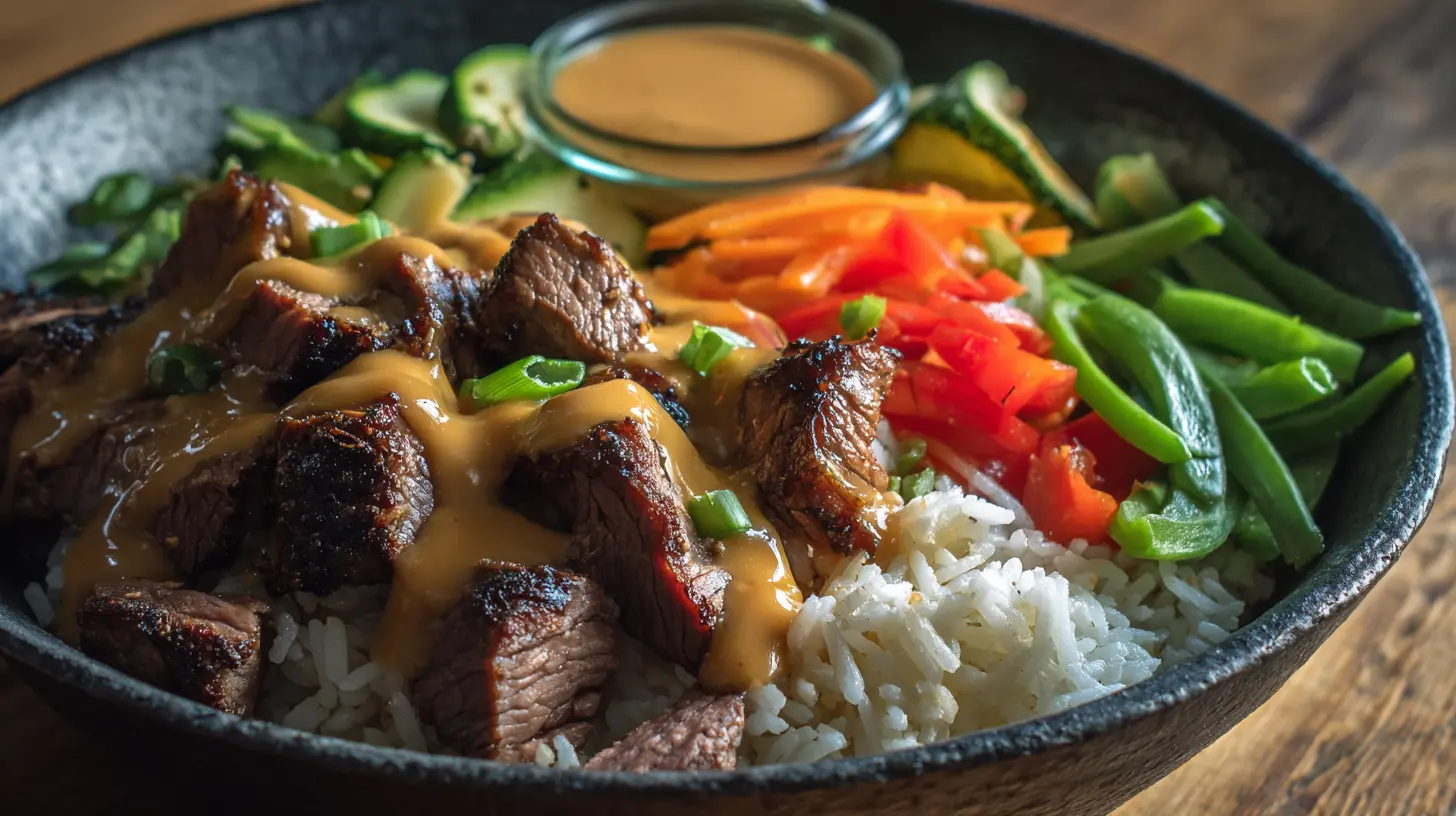 A vibrant hibachi steak bowl brimming with tender steak, fresh vegetables, and rice.