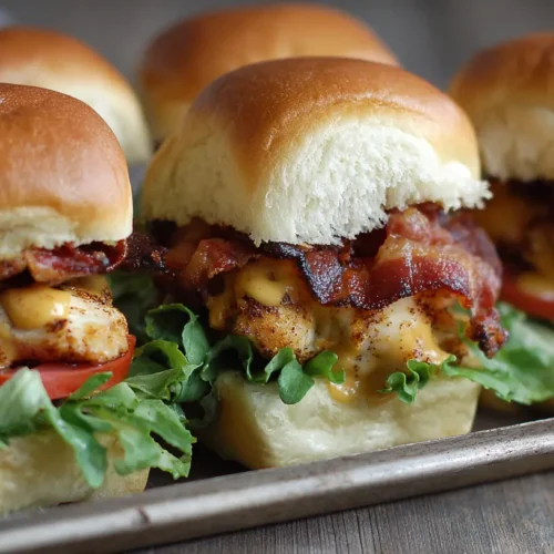 Delicious honey mustard BLT chicken sliders arranged on a serving platter.