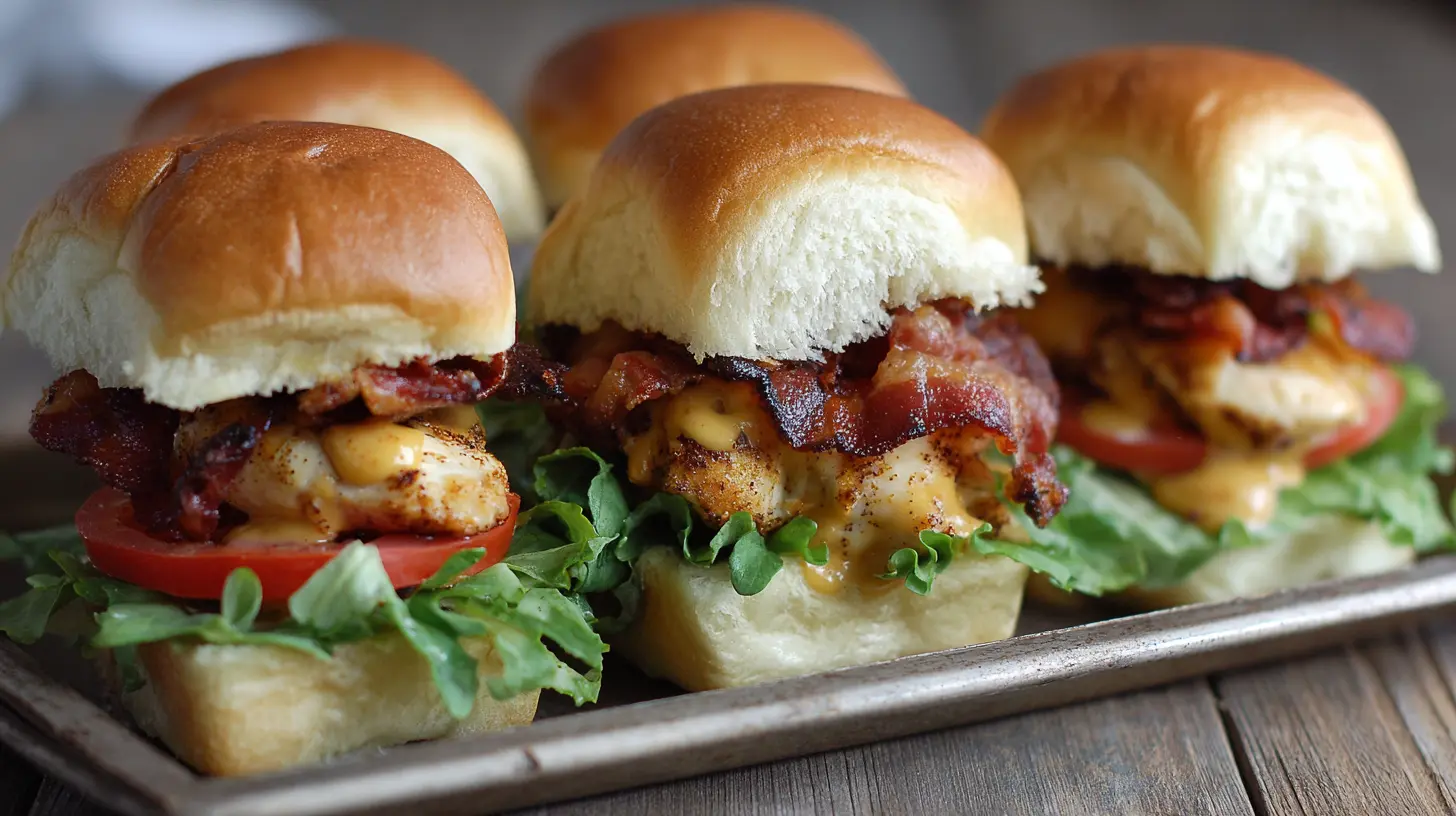 Delicious honey mustard BLT chicken sliders arranged on a serving platter.