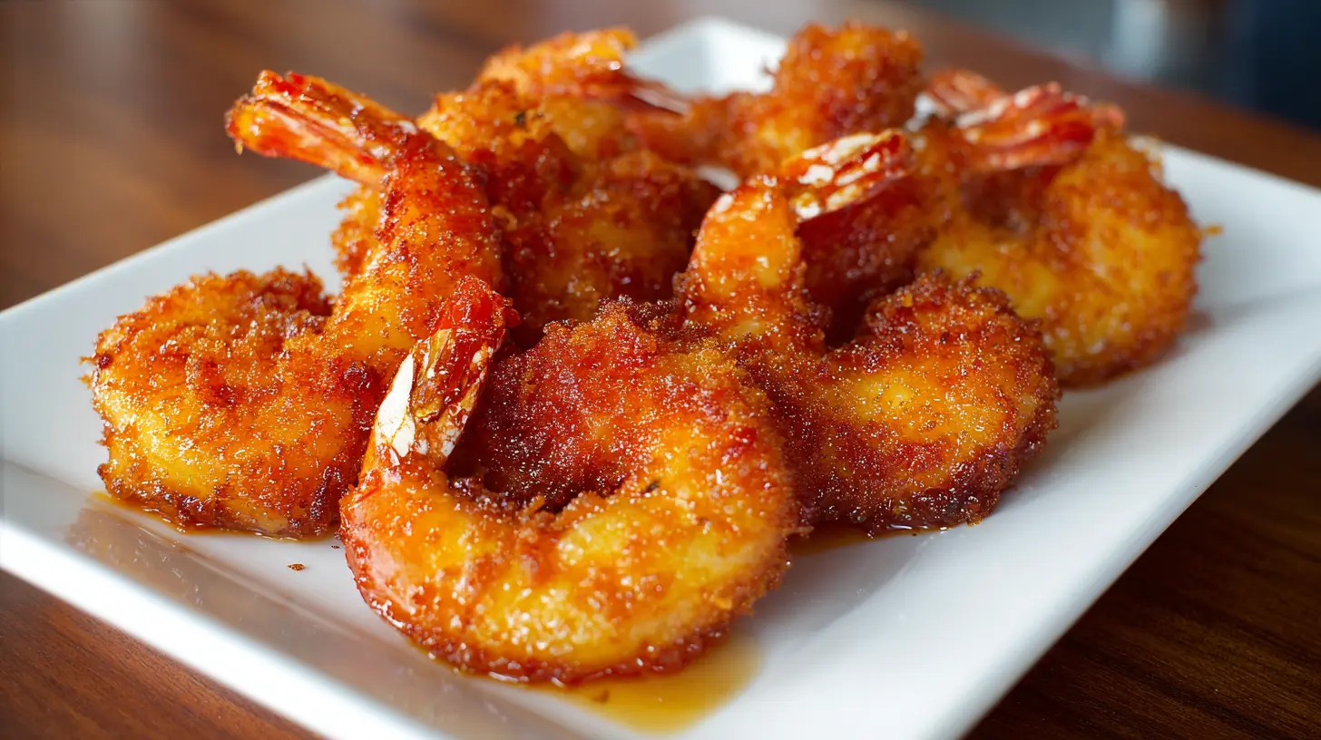 Platter of hot honey fried shrimp, glistening with sauce and garnished.