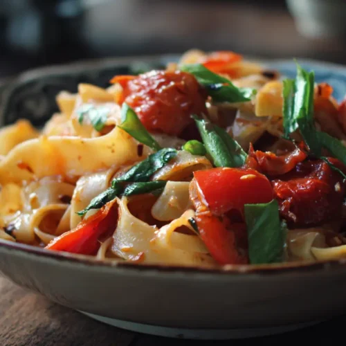 A vibrant plate of Italian Drunken Noodles with fresh herbs and chili flakes.