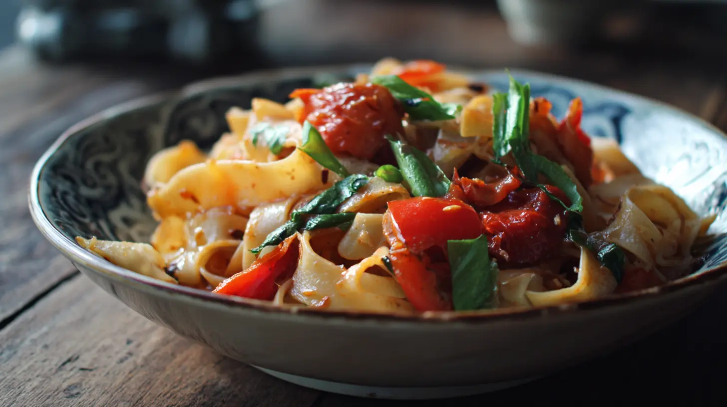 A vibrant plate of Italian Drunken Noodles with fresh herbs and chili flakes.