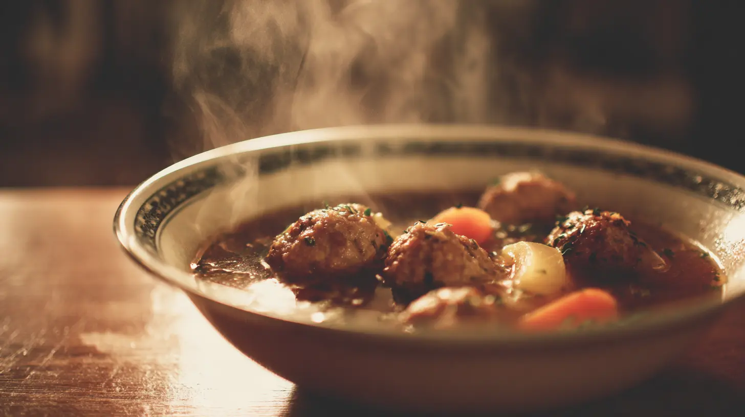 A steaming bowl of traditional Italian meatball soup with vegetables.