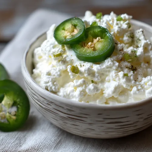 A bowl of creamy jalapeno popper cottage cheese with a vibrant green pepper slice on top.