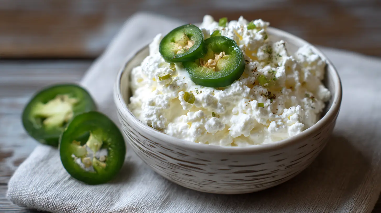 A bowl of creamy jalapeno popper cottage cheese with a vibrant green pepper slice on top.