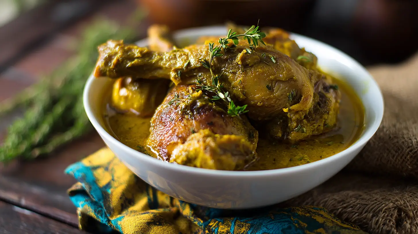 A vibrant bowl of Jamaican curry chicken served with rice