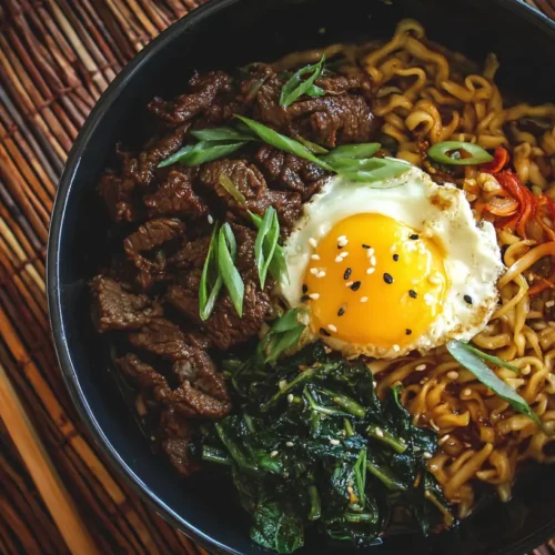 A close-up of steaming Korean beef noodles in a bowl, topped with fresh herbs