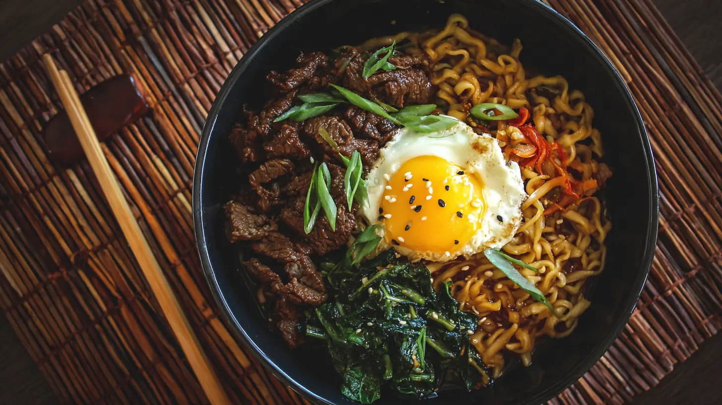 A close-up of steaming Korean beef noodles in a bowl, topped with fresh herbs